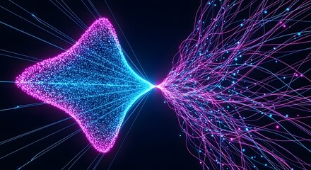 Abstract visualization of data flow and transformation, with glowing particles converging and diverging in a dynamic, futuristic display of digital information