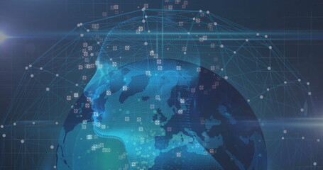 Wall Mural - Displaying wireframe head profile and digital globe in virtual network, with lines and data nodes