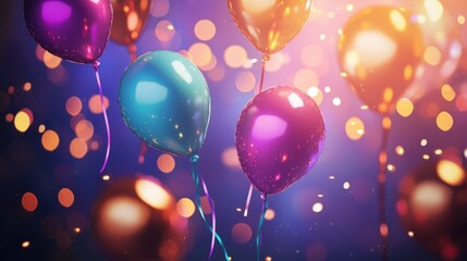 A colorful balloon with a purple and gold pattern against a blue background with a bokeh effect.