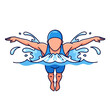 © FaisalFainur - Cartoon illustration of a swimmer performing the butterfly stroke in water with splashes, viewed from the front.