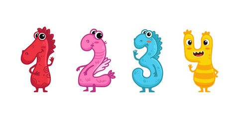 Wall Mural - set of funny cartoon monster digits from 1 to 4 in flat style. Good for lettering or font design, headers, t-shirts, kids illustration. Vector illustration. 