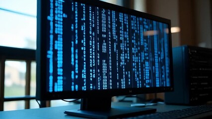 Closeup of a computer screen displaying lines of blue binary code