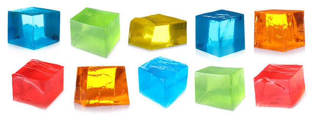 Wall Mural - Different yummy jelly cubes isolated on white, collage