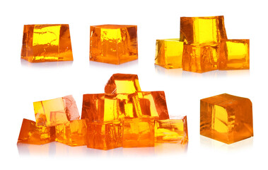 Wall Mural - Yummy orange jelly cubes isolated on white, collage