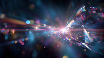Wall Mural - Magic prism with radiant light beam, shiny glasses and glowing diamond, colourful sparkle streak, lens flare and abstract optical effect, fantasy filter with iridescent overlay background Stock Il