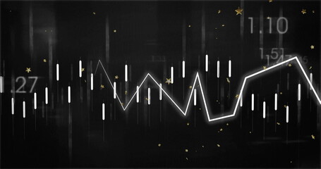 Wall Mural - Displaying white zigzag trend line on dark dashboard with candlestick bars, figures and gold stars