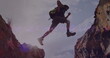 © vectorfusionart - Leaping hiker wearing wide-brimmed hat and backpack crossing rocky canyon gap under sun flare