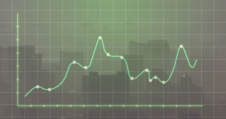 Wall Mural - Displaying green grid overlaying hazy city skyline, with line chart curve, data markers and axes