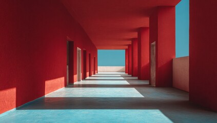 Red corridor with light and shadow