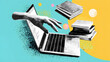 © suldev - Trendy Halftone Collage Online education concept. Computer laptop with hand and floating books. News course, webinar. Smart thinking and brainstorming. Contemporary vector art illustration Stock