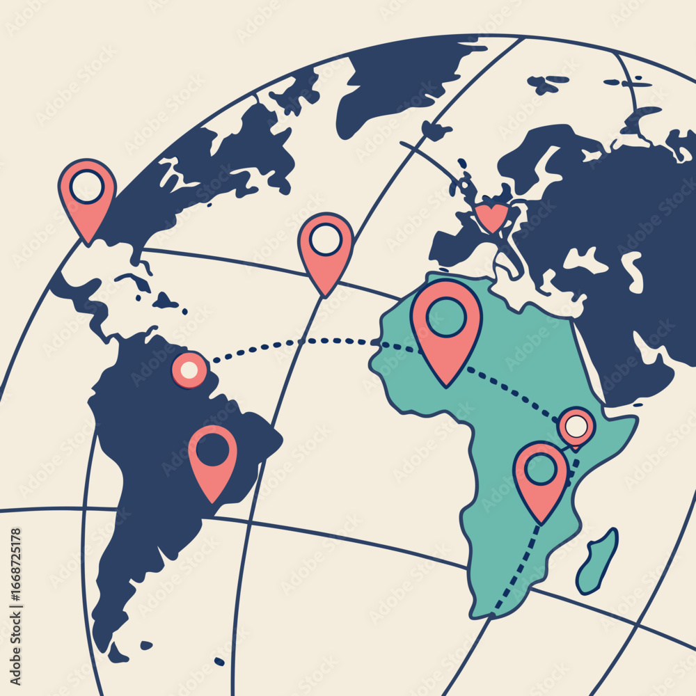 World map with location pins indicating destinations and travel routes ...