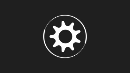 Stylized white gear icon with a glowing circular outline on a dark background