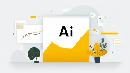 AI Boom Technology Data Analysis with Modern Flat Design, Yellow Graph, Digital Chart, and Abstract Elements for Innovation Growth