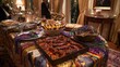 © samsoru - Lavish spread of food on a table, adorned with Mardi Gras beads