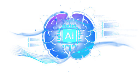 AI chip and stylized brain drawing in futuristic blue tones on isolated white background, representing artificial intelligence and neural computing concept
