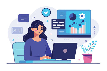 Woman working on laptop with data analytics and coding background