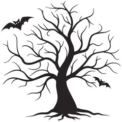 spooky black bare tree silhouette with flying bats on white background vector