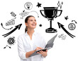 © ImageFlow - Isolated woman holding folder and pen, smiling, with business doodles like trophy, arrows, and charts around her on white background, symbolizing success