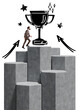© ImageFlow - Man in business attire climbing concrete blocks toward hand-drawn trophy and stars, isolated on white background, concept of success and goal achievement