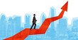 © ImageFlow - Isolated man in business suit walking upward on rising red arrow, blue city skyline in background, collage style, concept of success and career growth