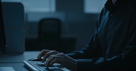 Person typing on a computer keyboard in a dimly lit office environment.