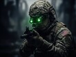 © Vadym - Soldier with still posture wearing night vision goggles green light reflecting from face looking into dark surroundings portraying secrecy vigilance precision and tension