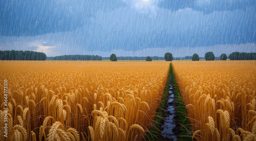 Fall Rye Harvest Fall harvest fields of rye under rain showcase golden stalks with ...