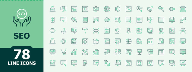 SEO colorful vector line icon set. Contains such symbols as search, marketing, target, web, copywriting and more. Minimalist icons collection. Search modern icon set. Signs for web and mobile app.