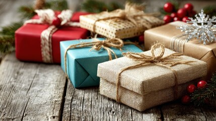 Wall Mural - christmas presents laid on a wooden table background no logos no brands ar 169