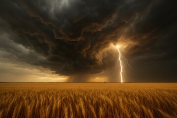 Wall Mural - a lone lightning bolt illuminates the dark, stormy sky above a vast, golden wheat field, symbolizing