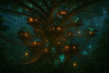 Wall Mural - A Glowing Forest of Luminous Treehouses at Night