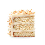 Slice of Layered Coconut Cake with Cream Frosting and Toasted Shredded Topping
