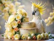 © BONNA AKTHER AME - A charming cockatoo cake surrounded by yellow roses, an elegant centerpiece for a wedding or special event