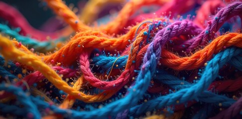 A tangled mass of colorful yarn connects and intertwines, creating a complex network of threads The vibrant hues suggest a strong bond or interconnectedness , connection, intricate