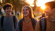 © Muhammad - Three smiling students with backpacks walking outside during a sunny day with a bright glow behind them