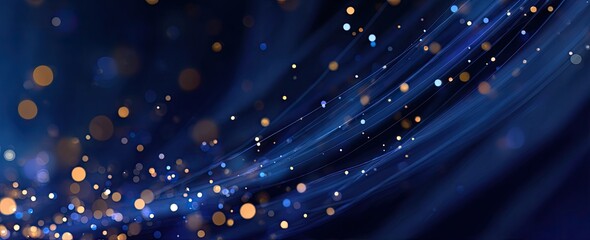 Abstract dark blue background with glowing streaks and bokeh lights, suggesting movement and energy