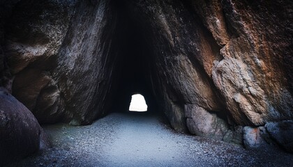 dark rocky cave entrance with a single white object