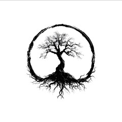 a simple black occult iron on a white background of a tree with its roots forming a circle simple celtic inspired white background.
