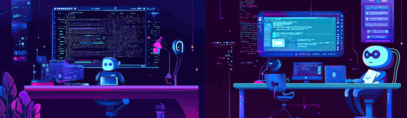 Artificial intelligence robot developers coding deep learning algorithms on computers in futuristic neon tech office workspace with digital interface screens