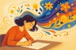 © Sergey - A woman is writing, representing creativity with colorful illustrations flowing from her mind.