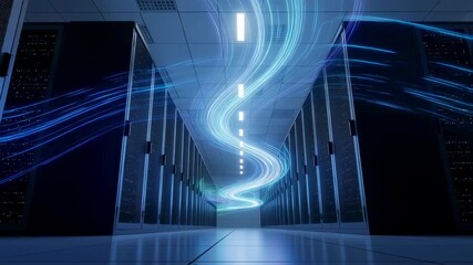 Wall Mural - Dynamic data flow in server room with glowing light trails. Fast digital information transfer in data center. Technology footage.