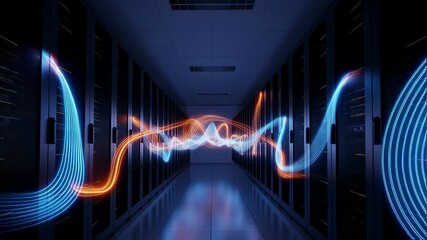 Wall Mural - Abstract data flow animation moving through a server room with digital light trails for computer network visualization.