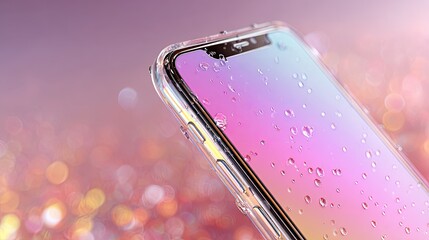 Modern smartphone with clear protective case displaying a vibrant, colorful screen, angled upward for a detailed close-up on a blurred background