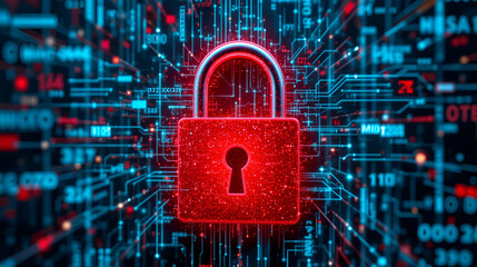 Red padlock security, protecting privacy, data, and access with encryption confidential safety measures