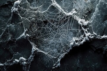 A delicate, frost-covered spiderweb stretches across dark, textured rocks, creating a stark, beautiful contrast in winter's chill.
