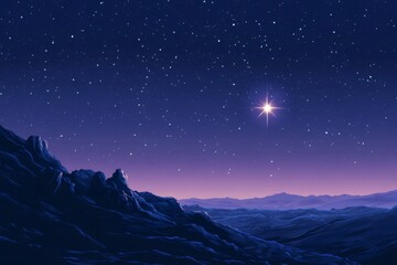 Wall Mural - Minimalist artwork featuring a clear twilight sky, where a bright star shines brilliantly over dark, majestic mountains