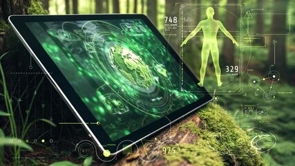 Sticker - futuristic tablet showing rotating green earth and human body in forest setting