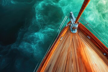 Wall Mural - An overhead shot of a sailboat's wooden bow slicing through turquoise water, showcasing nautical beauty and adventure on the open sea.
