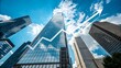 © Zologhraphy - Modern skyscrapers with upward financial graph arrow symbolizing business growth, success, investment, and economic progress against blue sky