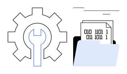 Gear and wrench beside folder containing binary code files. Ideal for software development, system maintenance, technology, programming, coding, data storage, digital solutions. Simple flat metaphor